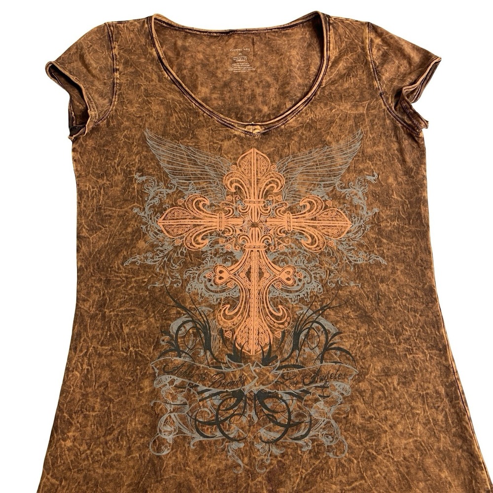 Y2K Copper Key Womens XL Cross Wings Tattoo Graphic Tee Mall Goth Alt Biker - Picture 2 of 9